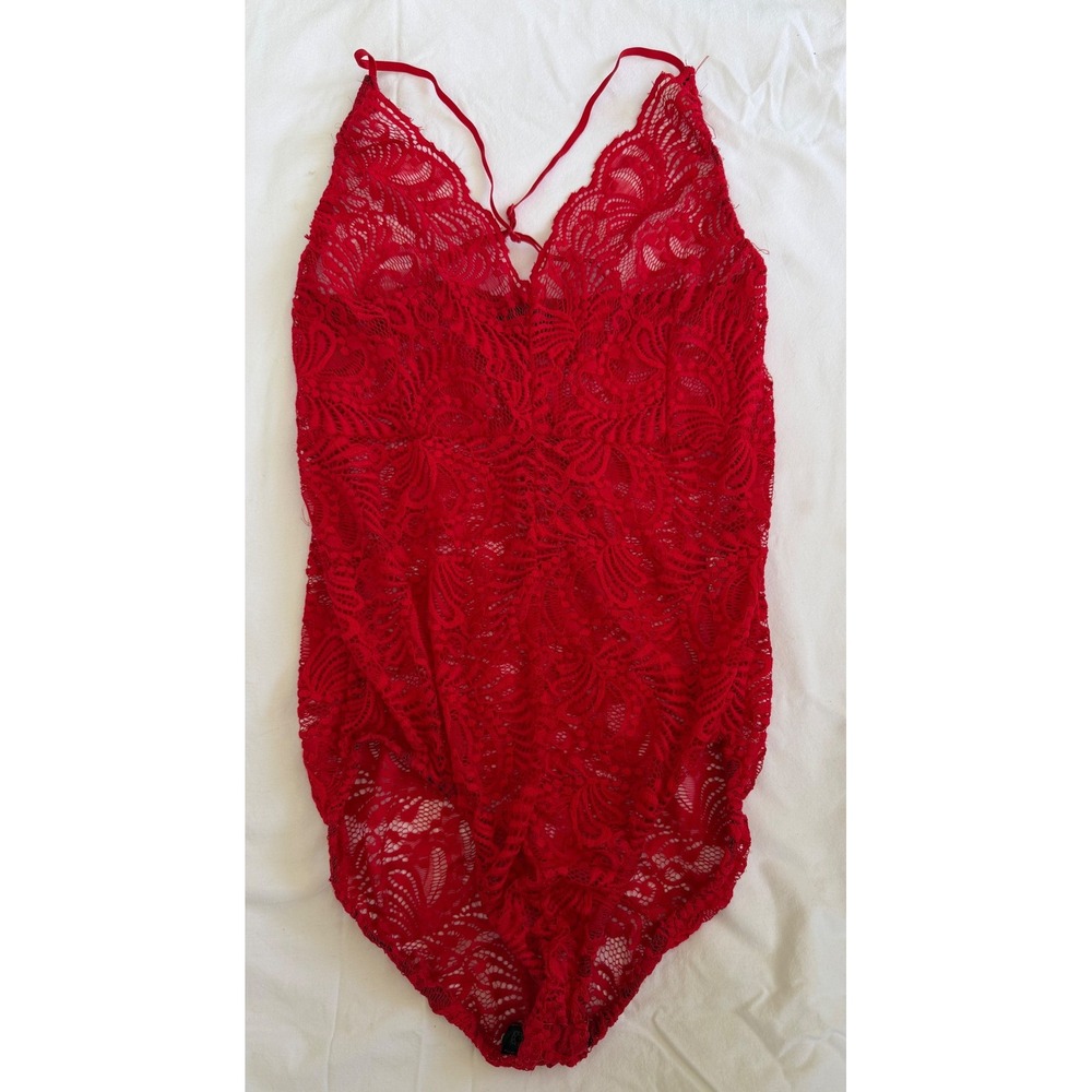 PrettyLittleThing Red‎ Floral Lace Bodysuit Adjustable Straps Size 14 UK Womens